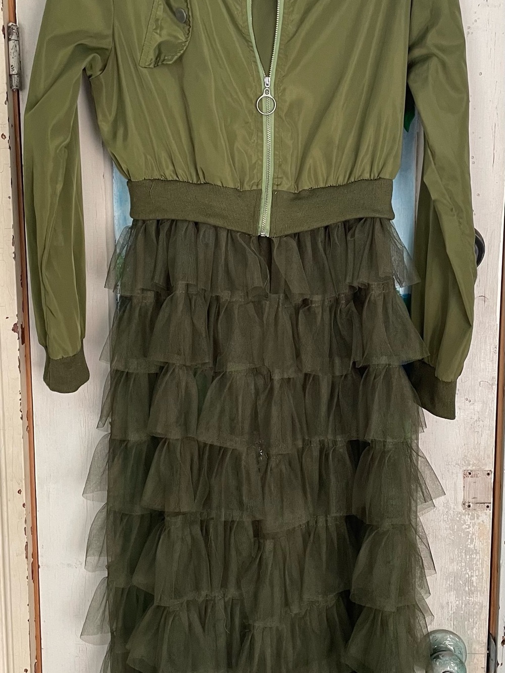 Olive Green Ruffle Tulle Skirted Bomber Top jacket 🔥